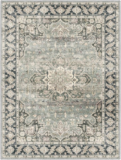 7X9 Area Rugs - 7X9 Washable Area Rug Indoor Vintage Rug Print Rug Low-Pile Floor Carpet for Living Room, Bedroom (Olive Charcoal/Yellow/Tan)