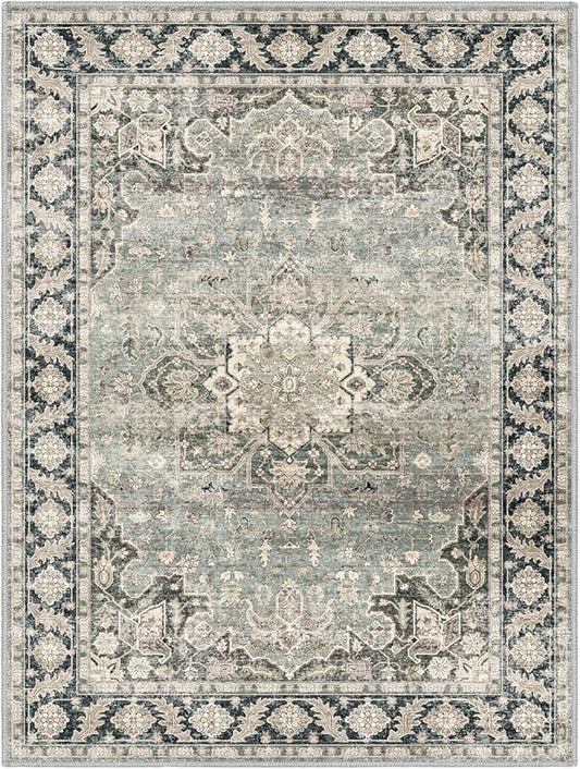 7X9 Area Rugs - 7X9 Washable Area Rug Indoor Vintage Rug Print Rug Low-Pile Floor Carpet for Living Room, Bedroom (Olive Charcoal/Yellow/Tan)