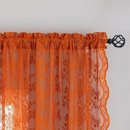 YJ YANJUN Vintage Lace Curtains 102 Inches Long-Rust Retro Floral Burnt Orange Sheer Curtain Panels for Home Office Patio Sliding Door, Rod Pocket, Boho Halloween Fall Decor 2 Panels 52W x 102L