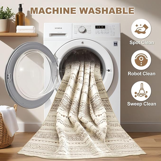 Nakagishi Runner Rug Kitchen Washable Rugs: 3x8 Non-Slip Boho Soft Modern Stain Resistant Indoor Floor Neutral Farmhouse Throw Carpet for Hallway Bathroom Laundry Room Entryway Bedroom- Brown
