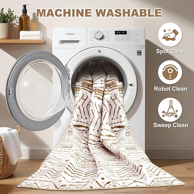 Nakagishi 6x9 Area Rugs Living Room: Washable Boho Large Neutral Soft Farmhouse Rug Stain Resistant Modern Indoor Floor Non-Slip Carpet for Bedroom Nursery Playroom Office Dining Dorm- White Brown