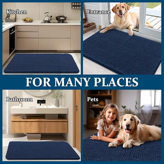OLANLY Dog Door Mat for Muddy Paws 47x24, Absorbs Moisture and Dirt, Absorbent Non-Slip Washable Doormat, Quick Dry Chenille Mud Mat for Dogs, Entry Indoor Entryway Carpet for Inside Floor, Dark Blue