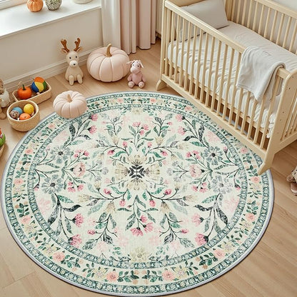 Round Area Rug for Living Room: 4 ft Floral Washable Circle Rug Soft Non-Slip Carpet Indoor Stain Resistant Low Pile Small Circular Rug for Bedroom Entryway Kitchen Nursery Home Office Green Beige
