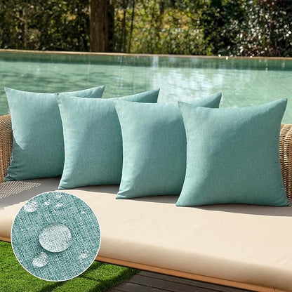 MIULEE Pack of 4 Decorative Outdoor Throw Pillow Covers Linen Waterproof Pillow Covers Spring Farmhouse Cushion Cases for Patio Garden Tent Balcony Couch Sofa 16x16 inch Teal