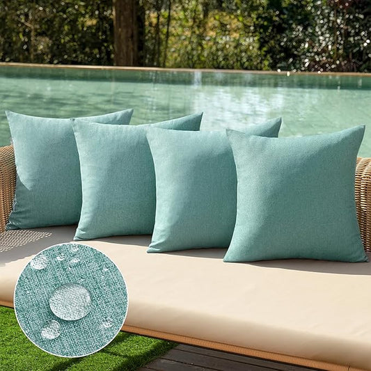 MIULEE Pack of 4 Decorative Outdoor Throw Pillow Covers Linen Waterproof Pillow Covers Spring Farmhouse Cushion Cases for Patio Garden Tent Balcony Couch Sofa 18x18 inch Teal