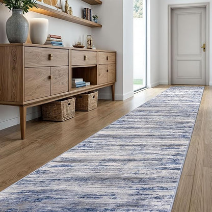 KOZYFLY Modern Abstract Washable Long Rug Runner 2.6x20 Hallway Rug Runner Non-Slip Soft Stair Runners, Grey-Blue Striped 20 feet Runner Rug for Kitchen Entryway Bathroom Laundry Room Foyer