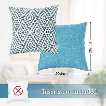 HPUK Decorative Throw Pillow Covers Set of 4 Geometric Design Linen Cushion Cover for Couch Sofa Living Room, 20"x20" inches, Aqua Blue