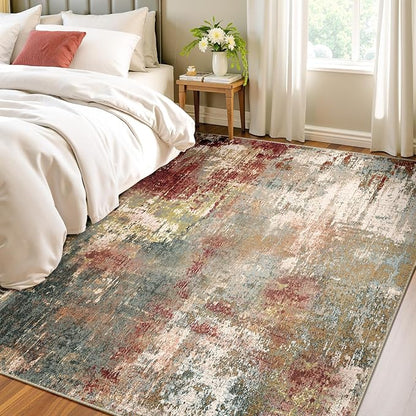 Washable Area Rugs 4'x6' Non-Slip Modern Abstract Soft for Living Room Entryway Bedroom Nursery, Print Pattern, Brown Rust Red Green Blue Multi