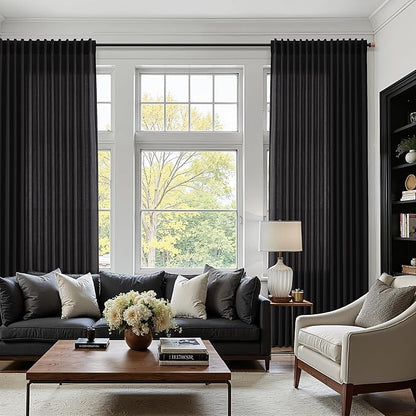 Vintage Black Linen Curtains for Living Room 90 Inches Long Light Filtering Semi Sheer Curtain Back Tab and Rod Pocket Privacy Luxury Gothic Vintage Decor Drapes for Bedroom Office 52x90, 2 Panels