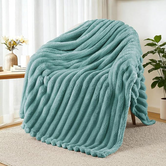 Exclusivo Mezcla Fleece Throw Blanket for Couch, Super Soft Striped Jacquard Bed Blanket, Lightweight Fuzzy Cozy for All Seasons, 50x60 Inches, Celadon