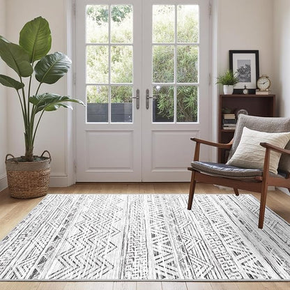 3x5 Washable Entryway Area Rug: Modern Moroccan Small Runner Rug Indoor Soft Non Slip Rug for Living Room Low Pile Thin Floor Carpet for Kitchen Dining Room Bedroom Home Office Decor(3x5,Grey)