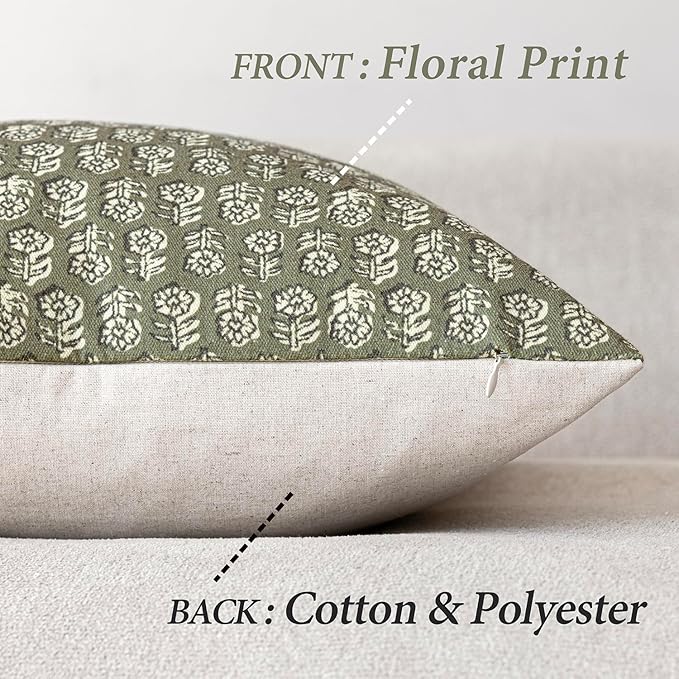 Foindtower Set of 2 Decorative Neutral Floral Print Throw Pillow Covers Vintage Accent Farmhouse Cushion Covers Boho Home Decor for Sofa Couch Chair Bedroom Living Room,20×20 Inch,Sage Green