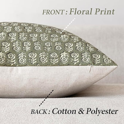 Foindtower Set of 2 Decorative Neutral Floral Print Throw Pillow Covers Vintage Accent Farmhouse Cushion Covers Boho Home Decor for Sofa Couch Chair Bedroom Living Room,20×20 Inch,Sage Green