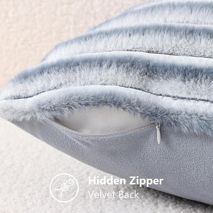 decorUhome Cozy Faux Fur Throw Pillow Covers 20x20 Set of 2 Decorative Soft Plush Striped Modern Farmhouse Boho Couch Pillow Cases with Velvet Back for Sofa Bed Living Room, Grey White