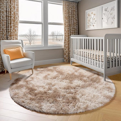 ONASAR Tie-Dye Beige Round Area Rugs 5ft, Soft Bedroom Circle Rug Floor Mats for Kids Girls Teen Room, Kawaii Fluffy Plush Shaggy Carpet for Baby Nursery Living Room Playroom Home Decor