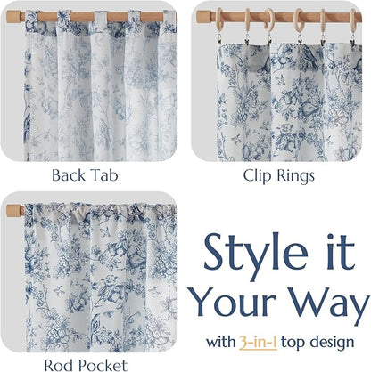 jinchan Linen Floral Curtains for Living Room 84 Inch Length Blue Printed Flower French Country Curtain Farmhouse Cottage Core Toile Curtains Back Tab Light Filtering Window Drapes Set 2 Panels