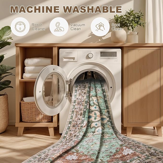 Hallway Runner Rug Non Slip - Washable 2.6x8 Kitchen Rugs for Living Room, Low-Pile Soft Bedroom Rug Indoor Floor Stain Resistant Carpets for Entryway, Laundry, Bathroom Brown Green