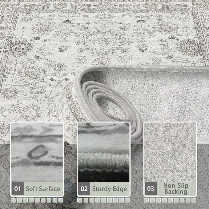 Grey Rug for Hallways Kitchen Rug 2x8, Non Slip Washable Rugs with Rubber Backing Soft Floral Carpet Runner for Hallways, Kitchen, Laundry, Bedroom, Bathroom (2 x 8, Grey)