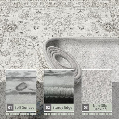 Area Rug 4x6 Grey Rug, Washable Boho Rugs Non Slip Low Pile Floral Small Carpet for Bedroom, Bedside, Kids Room, Office, Dining Room(Grey, 4 x 6)