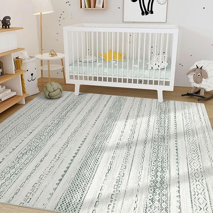 Nakagishi Green Rug Living Room Rugs: 7x9 Washable Boho Large Neutral Soft Farmhouse Stain Resistant Modern Non Slip Indoor Floor Carpet for Bedroom Nursery Kids Playroom Office Dining Room Home