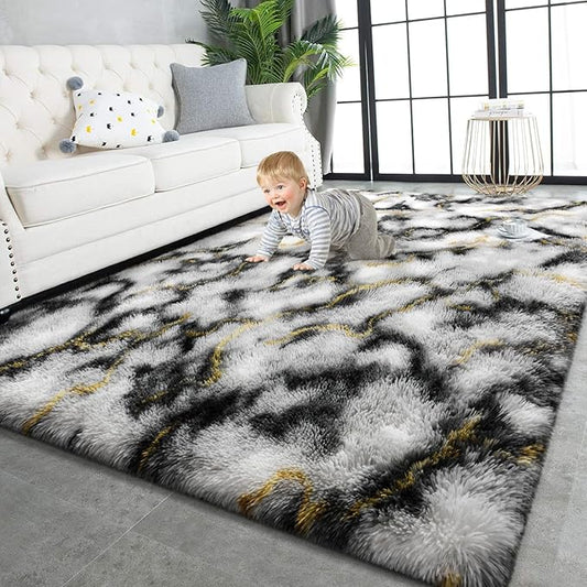 TWINNIS Super Soft Shaggy Rugs Fluffy Carpets, 4x5.9 Feet, Indoor Modern Plush Area Rugs for Living Room Bedroom Kids Room Nursery Home Decor, Upgrade Anti-Skid Rectangular Fuzzy Rug, Grey Gold