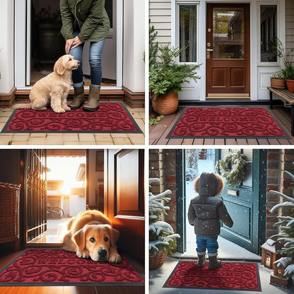 Smiry Welcome Door Mat Outside Entrance, Heavy Duty Trap Dirt and Moisture Easy Clean Low Profile Patio Porch Indoor Outdoor Front Doormat for Entry, 35x23 Inch, Burgundy