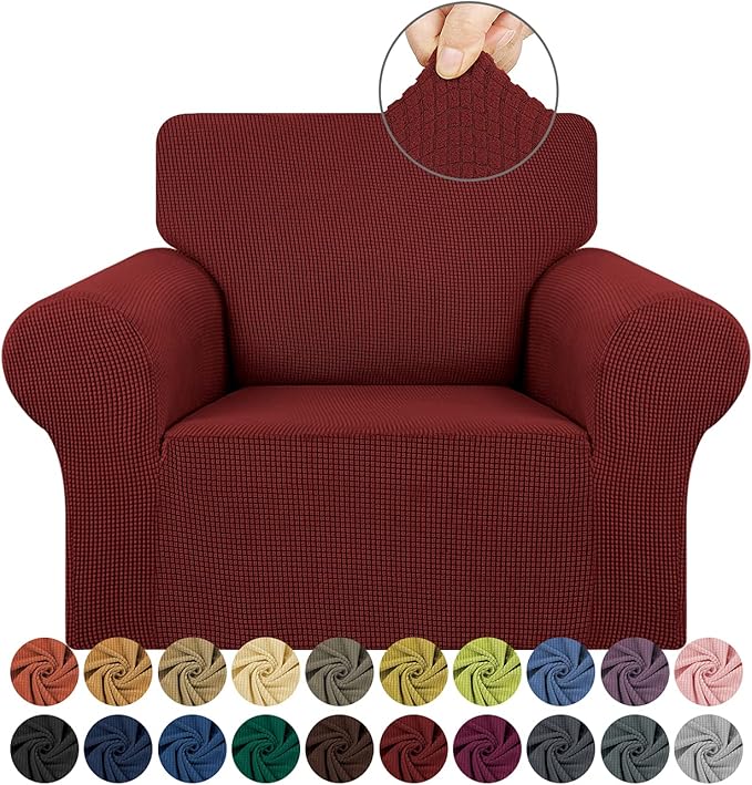 KEKUOU Stretch Single Sofa Slipcover 1 Piece Couch Sofa Cover (31"-55") Furniture Protector 1 Seater Sofa with Elastic Bottom for Kids,Pet.Jacquard Small Checked Pattern Fabric(Small,Dark Red)