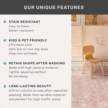 Washable 8x10 Blush Pink Rug for Bedroom Girls Dorm, Floral Retro Living Room Rugs, Soft Thin Low Pile Non Slip Stain Resistant Carpet