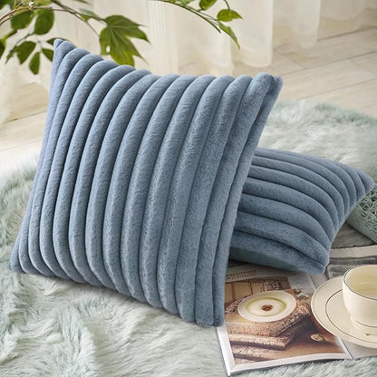 decorUhome Cozy Faux Fur Throw Pillow Covers 26x26 Set of 2 Decorative Soft Plush Striped Modern Farmhouse Boho Couch Euro Sham Pillow Cases with Velvet Back for Sofa Bed Living Room, Grey Blue