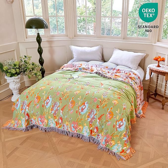 MSGKV Boho Throw Blanket 50"x60" Floral 100% Cotton Blanket with Flower and Butterfly for Couch Sofa Spring Breathable Lightweight Farmhouse Blankets Home Decor Muslin