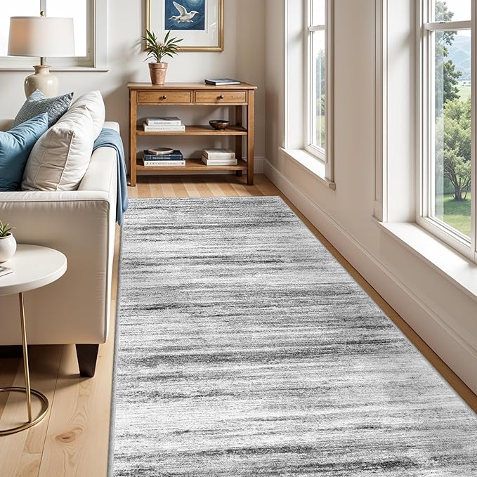 5x12 Runner Rug for Wide Hallway: Long Washable Runners for Entryway Living Room Dining Room - Stain and Water Resistant Rugs with Non-Slip Backing - Soft Low-Pile Carpet Grey