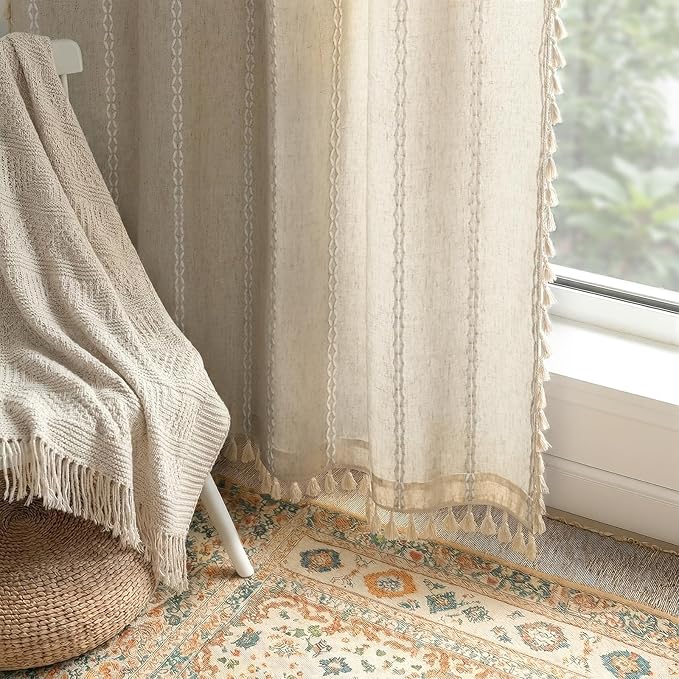 Boho Light Filtering Curtains 63 Inches Long Beige Linen Blend 2 Panels with Tassels and Cotton Embroidery, Farmhouse Vintage Rustic Rod Pocket Drapes for Living Room or Bedroom