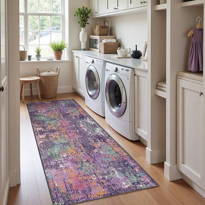 Washable Area Rugs 2'x10' Non-Slip Modern Abstract Soft for Living Room Entryway Bedroom Nursery, Print Pattern, Purple Orange Blue Green Rust Red Colorful