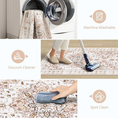 Madane Hallway Runner Rug 2x12, Extra Long Washable Runner Rugs with Rubber Backing, Non Slip Carpet Runner, Vintage Medallion Rug Runners for Kitchen Laundry Room Entryway (Pink, 2'x12')