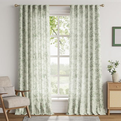 jinchan Linen Floral Curtains for Living Room 96 Inch Long Sage Green Printed Flower French Country Curtain Farmhouse Cottage Core Toile Curtains Back Tab Light Filtering Window Drapes Set 2 Panels