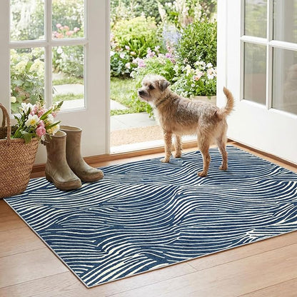Modern Outdoor Rug - 28" x 43" Front Door Mat Indoor Outside Entrance Non-Slip Washable Outdoor Mat Navy Blue White Ocean Waves Rug for Entryway Kitchen Bedroom Layered Doormat for Front Porch