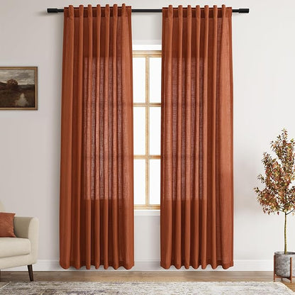 Nanspring Terracotta Curtains 80 Inches Length for Living Room Back Tab Rod Pocket Semi Sheer Linen Drapes Muted Neutral Boho Brick Burnt Orange Linen Textured Window Curtain for Dining Room 52X80