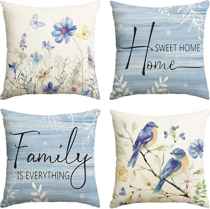 AVOIN colorlife Spring Saying Flowers Butterfly Bird Throw Pillow Covers, 20 x 20 Inch Home Sweet Home Blue Cushion Case for Sofa Couch Set of 4