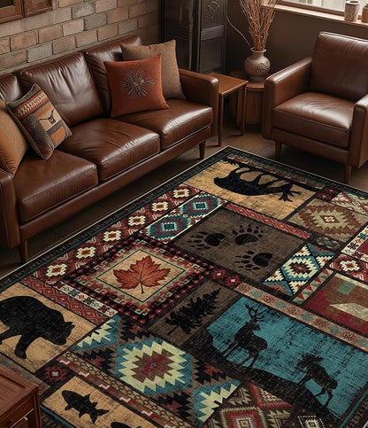 YIHOUSE Rustic Cabin Area Rug 6x9,Machine Washable Lodge Bear Rug,Non-Slip Low Pile Print Pattern Southwestern Rug for Living Room Bedroom