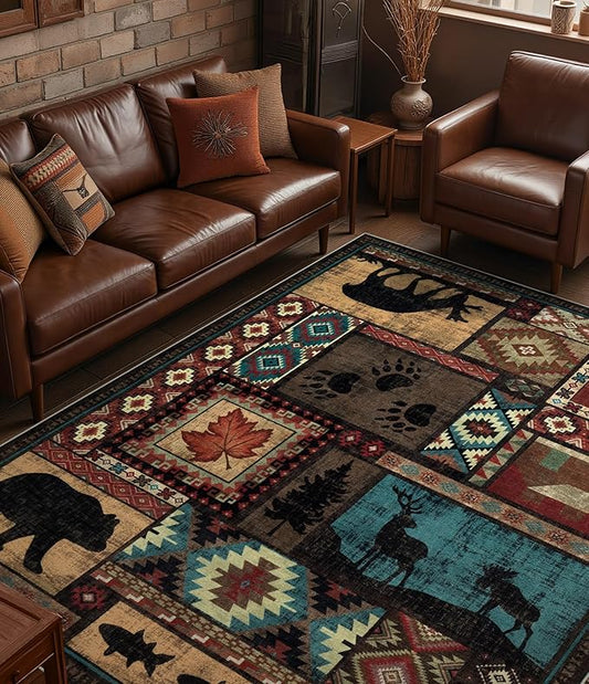 YIHOUSE Rustic Cabin Area Rug 6x9,Machine Washable Lodge Bear Rug,Non-Slip Low Pile Print Pattern Southwestern Rug for Living Room Bedroom