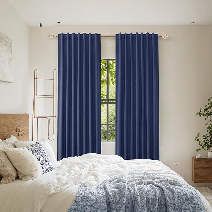 Guken Classic Blue 100% Blackout Linen Curtains 90 Inch Length 2 Panels Set for Living Room Bedroom Back Tab Rod Pocket Thermal Insulated Black Out Drapes Room Darkening Window Curtains