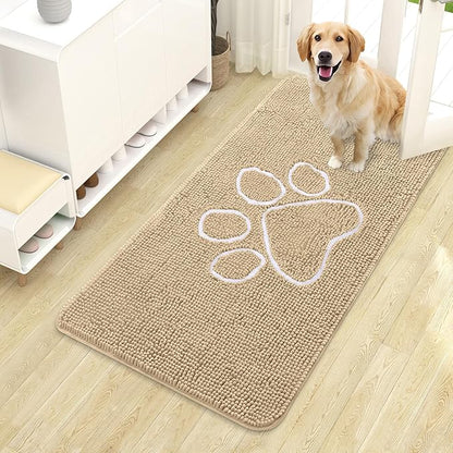 OLANLY Dog Door Mat for Muddy Paws 44x24, Paw Print Design, Absorbs Moisture and Dirt, Absorbent Non-Slip Washable Doormat, Quick Dry Chenille Mud Mat for Dogs, Entry Indoor Entryway Carpet, Beige