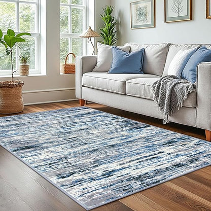 Lansny Modern Abstract 4x6 Living Room Washable Rug Non-Slip Soft Bedroom Area Rug Grey Blue White Thin Print Faux Wool Floor Carpet Throw Rugs for Nursery Playroom Dining Room Indoor Home Decor