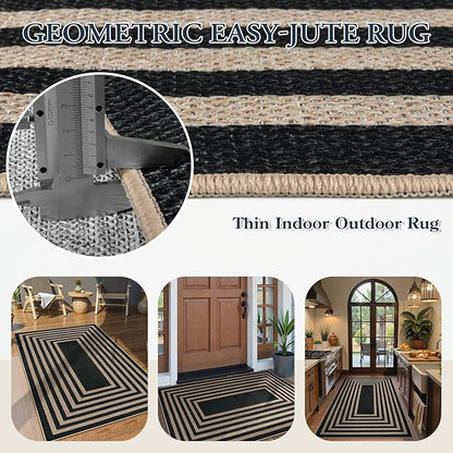 Lahome Enfys Modern Geometric Easy Jute Outdoor Rug, 3x5 Black Indoor Outdoor Carpet for Living Room Entryway, Farmhouse Non Slip Non Shedding Washable Area Rug for Patio Courtyard Bedroom