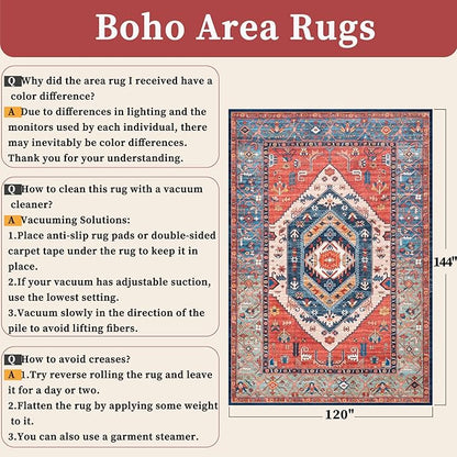 SERISSA 10x12 Area Rugs for Living Room, Large Washable Non-Slip Boho Rug, Ultra Soft Vintage Rust Oriental Tribal Print Distressed Carpet for Dining Room Bedroom Office Home Decor