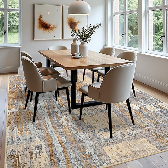 Toneed Abstract Area Rug Modern Washable Rug Soft Non Slip Rug Low Pile for Bedroom Living Room Dining Room Camel 5x7 Feet