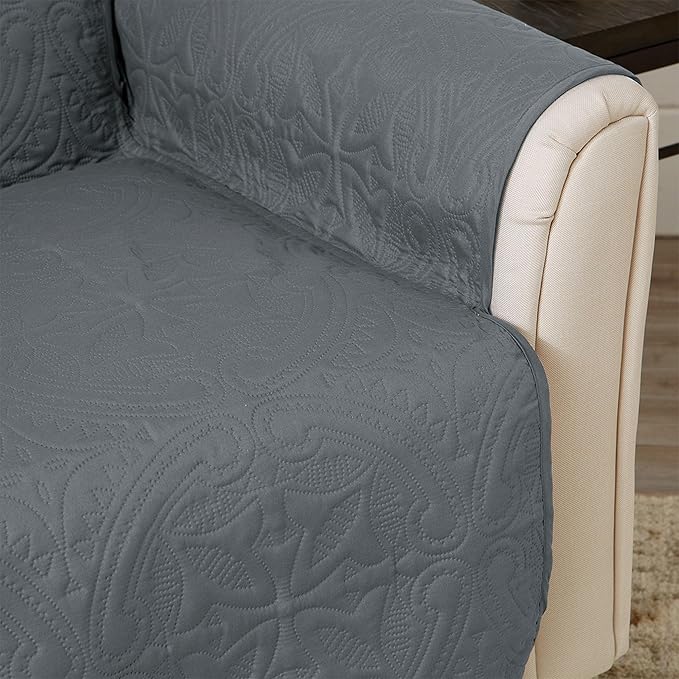 Great Bay Home Reversible Sofa Cover - Washable Slipcover Furniture Protector with Elastic Straps - Perfect for Kids & Pets - Quilted & Stitched Detail (Mirage Gray/Flax)
