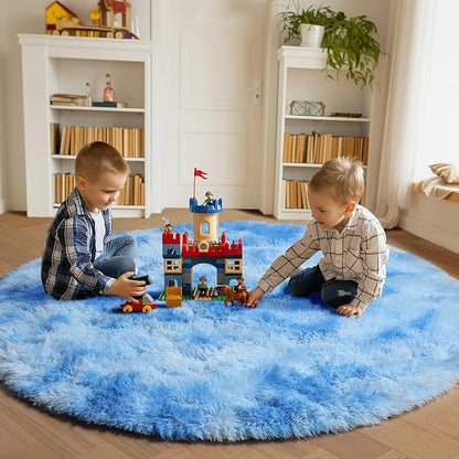 ONASAR Round Rugs 6ft for Living Room Bedroom, Tie-Dye Blue Fluffy Circle Area Rug for Kids Girls Boys Teen, Soft Plush Shaggy Carpet for Nursery Dorm Classroom Playroom Home Decor Aesthetic