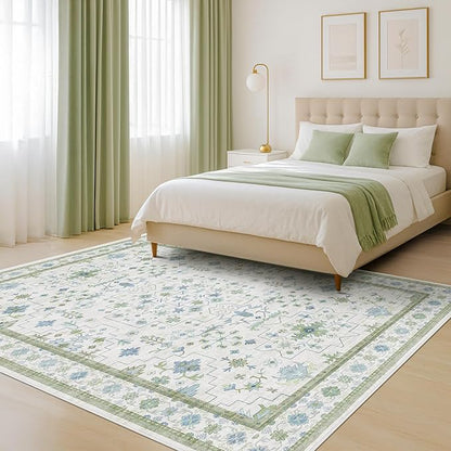 Hazo Haus Oushak Area Rug for Bedroom 5x7 - Blue and Green Vintage Boho Floral Geometric, Washable Low Pile Non Slip Area Rugs for Nursery Room, Foyer, Cozy Aesthetic Room Decor