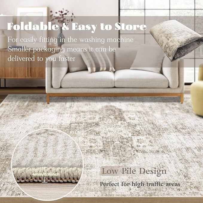 Runner Rug 2x6 Washable Rug, Vintage Boho Medallion Hallway Runner Non-Slip Soft Low Pile Distressed Floor Carpet Retro Doormat for Kitchen Bedroom Laundry Entryway Bathroom (Taupe, 2'x6')